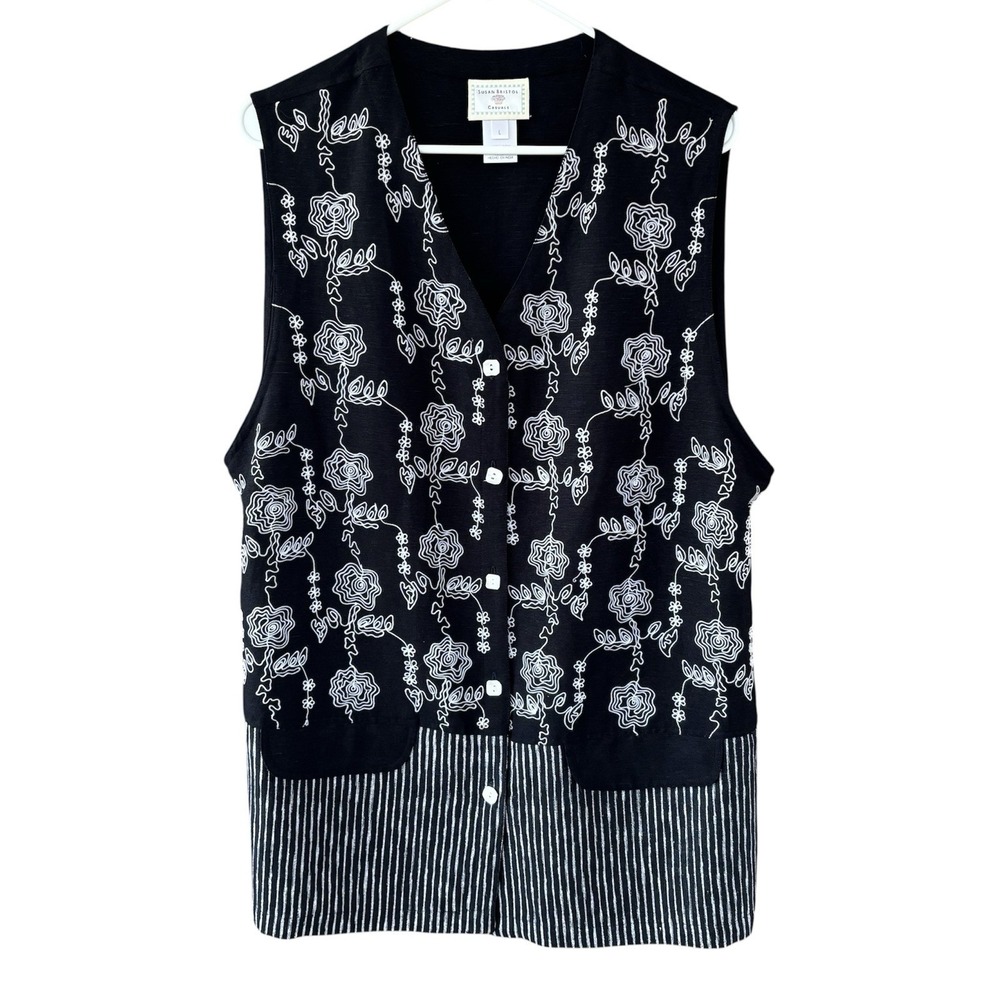 VTG Susan Bristol Casuals Sleeveless Button Up Vest Floral Embroidery‎ Womens L